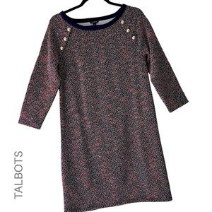 TALBOTS | NWOT TEXTURED TWEED SHIFT DRESS NAVY BLUE & RED 3/4 SLEEVE | MEDIUM